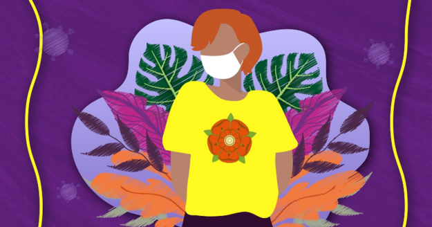 Impact_Covid_19 Girl wearing mask with Lancashire emblem on yellow t-shirt