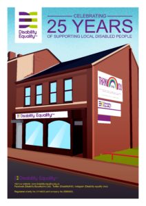 Graphical style colour image of DENWs front of the building to celebrate DENWs 25th birthday - created by David Robinson with "celebrating 25 years title at the top.