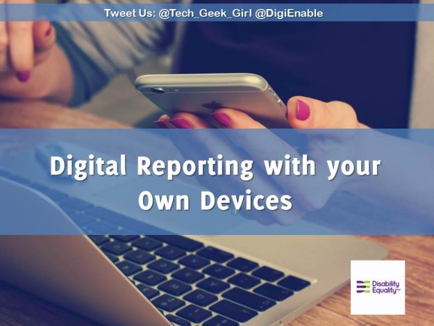 Digital Reporting Workshop first slide image of laptop with had with pink painted nails holding mobile device. Wording "digital reporting with your own devices" and DENW logo bottom right.