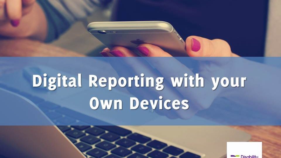 Digital Reporting Workshop first slide image of laptop with had with pink painted nails holding mobile device. Wording "digital reporting with your own devices" and DENW logo bottom right.
