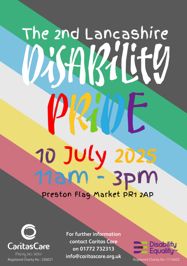 Disability-Pride-poster-2025- Pride poster, with DENW and CaritasCare logos at the bottom. Striped rainbow background.