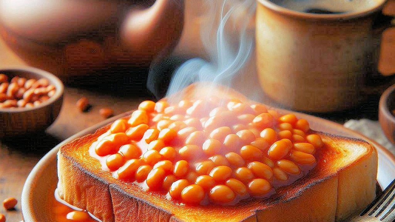 Cute style ai generated image of a pile of beans on toast with a pot of tea in the background.