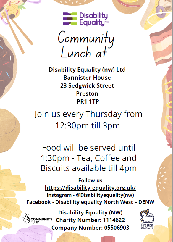 Graphical poster with the text: DENW Community Lunch at DENW. Join us every Thursday from 12.30pm till 3pm. Food will be served until 1:30pm - Tea, Coffee and Biscuits available till 4pm