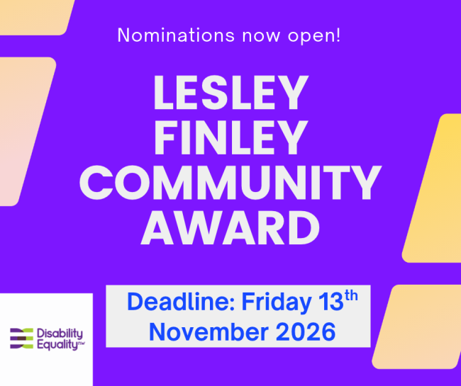 Purple graphic with the following text and DENW logo: Nominations now open! Lesley Finley Community Award. Deadline: Friday 13th November 2026.
