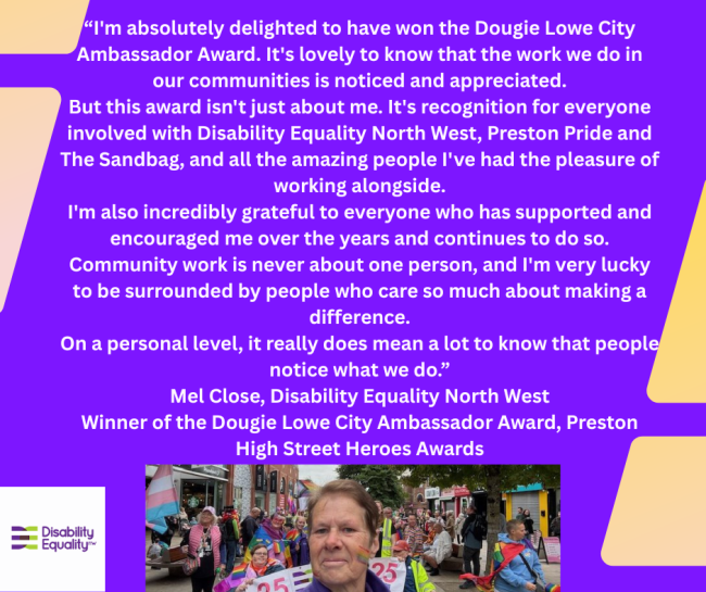 Purple graphic with Mel smiling at camera and the text quote in the body of the post.